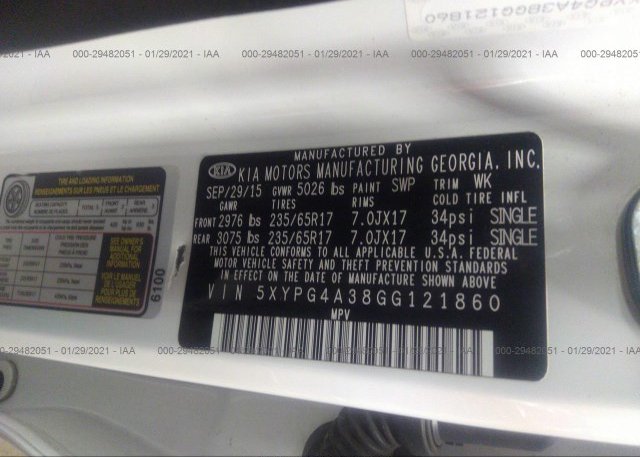 5XYPG4A38GG121860 2016 KIA SORENTO