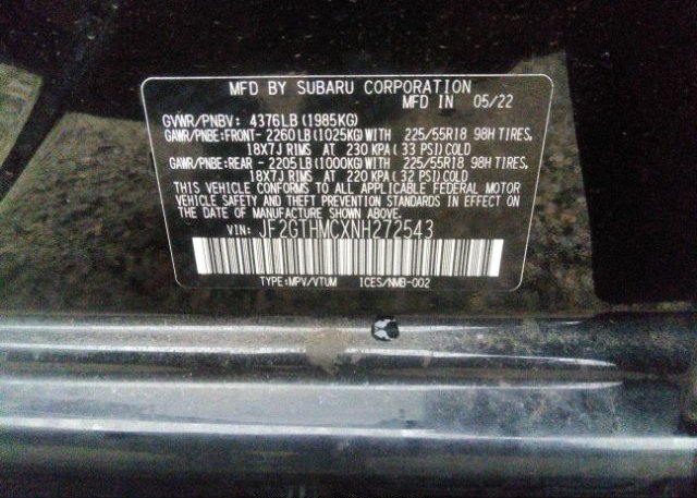 2022 SUBARU CROSSTREK(VIN: JF2GTHMCXNH272543