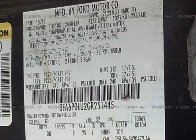 3FA6P0LU2GR251445 2016 FORD FUSION