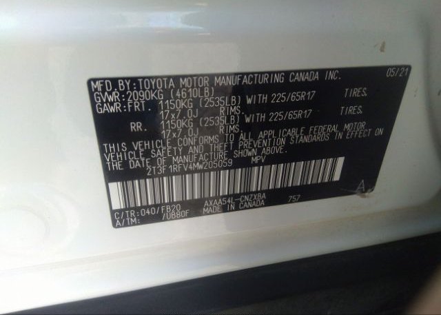 2021 TOYOTA RAV4(VIN: 2T3F1RFV4MW205059
