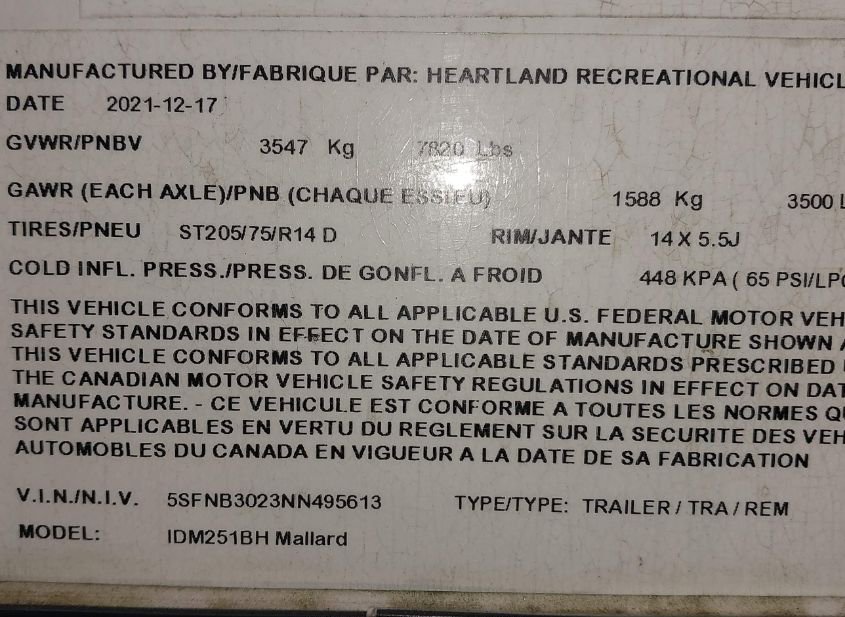 2022 HEARTLAND RV OTHER(VIN: 5SFNB3023NN495613