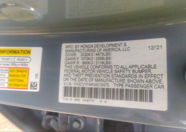 2022 HONDA ACCORD SEDAN(VIN: 1HGCV1F44NA016476