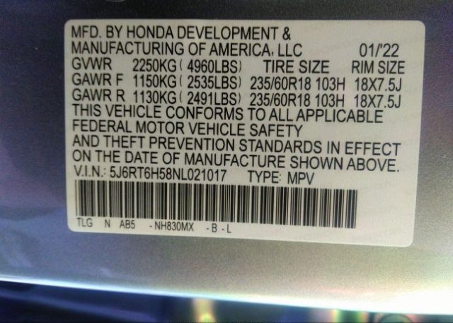 2022 HONDA CR-V HYBRID(VIN: 5J6RT6H58NL021017