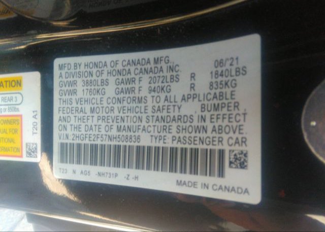 2022 HONDA CIVIC SEDAN(VIN: 2HGFE2F57NH508836