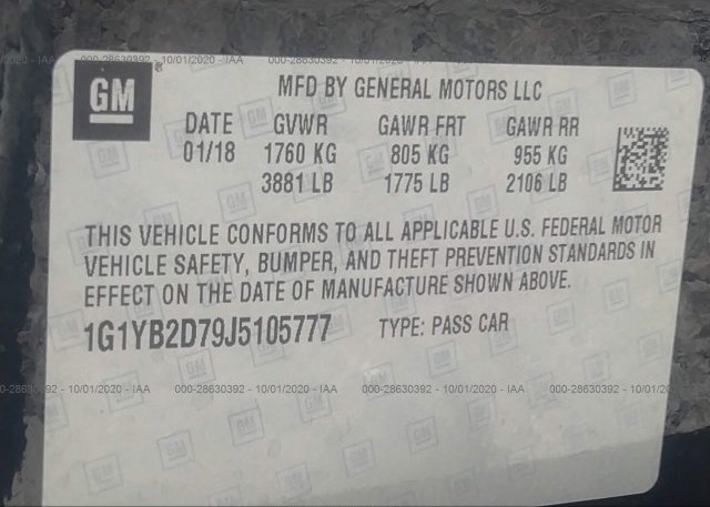 1G1YB2D79J5105777 2018 CHEVROLET CORVETTE