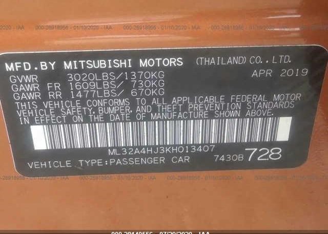 ML32A4HJ3KH013407 2019 MITSUBISHI MIRAGE
