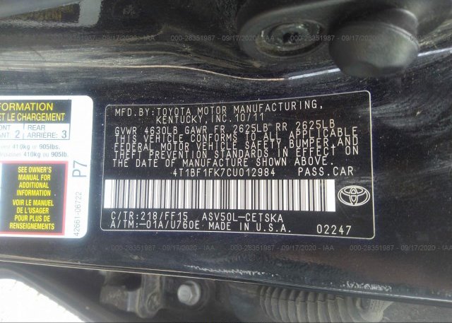 4T1BF1FK7CU012984 2012 TOYOTA CAMRY