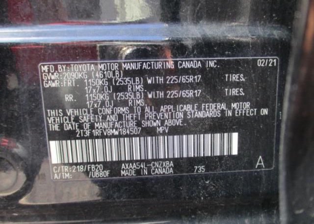 2021 TOYOTA RAV4(VIN: 2T3F1RFV8MW184507