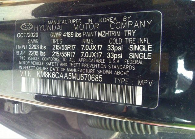 2021 HYUNDAI KONA(VIN: KM8K6CAA5MU670685