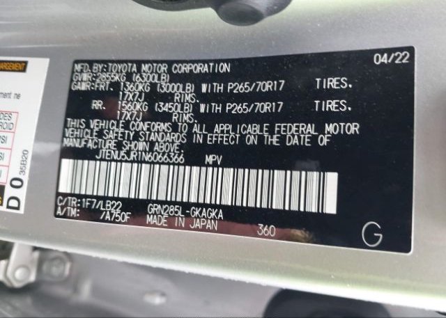2022 TOYOTA 4RUNNER(VIN: JTENU5JR1N6066366