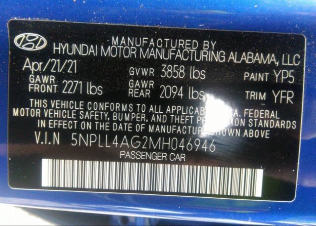 2021 HYUNDAI ELANTRA(VIN: 5NPLL4AG2MH046946