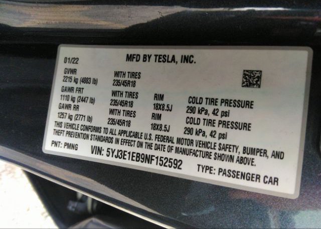 2022 TESLA MODEL 3(VIN: 5YJ3E1EB9NF152592