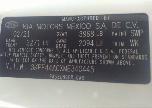 2021 KIA FORTE(VIN: 3KPF44ACXME340445