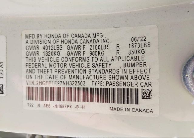 2022 HONDA CIVIC SEDAN(VIN: 2HGFE1F97NH322503