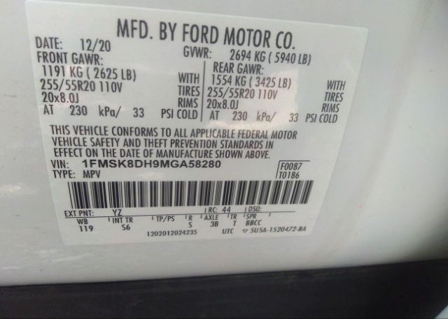 2021 FORD EXPLORER(VIN: 1FMSK8DH9MGA58280