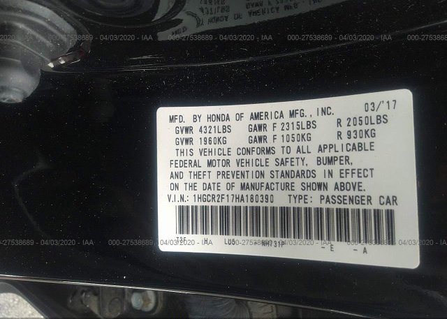 1HGCR2F17HA180390 2017 Honda ACCORD SEDAN
