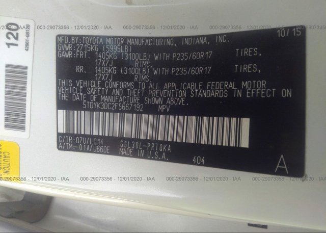 5TDYK3DC2FS667192 2015 TOYOTA SIENNA