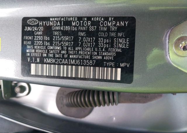 2021 HYUNDAI KONA(VIN: KM8K2CAA1MU613587