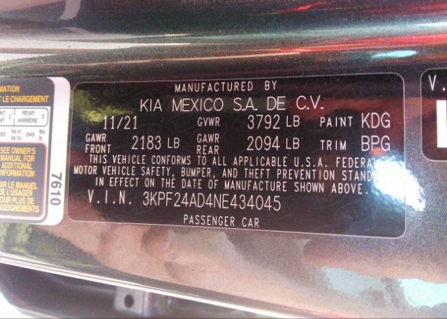 2022 KIA FORTE(VIN: 3KPF24AD4NE434045