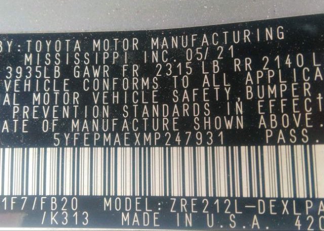 2021 TOYOTA COROLLA(VIN: 5YFEPMAEXMP247931