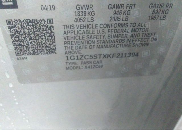 2019 CHEVROLET MALIBU VIN: 1G1ZC5STXKF211394