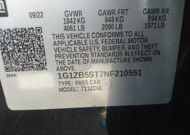 2022 CHEVROLET MALIBU(VIN: 1G1ZB5ST7NF210551