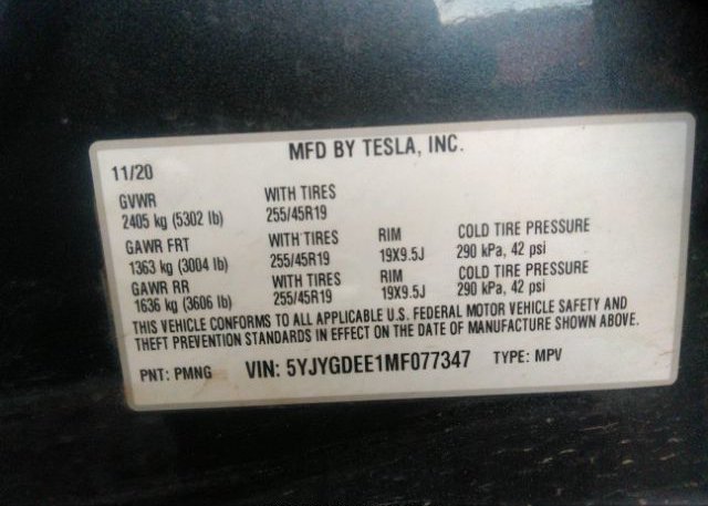 2021 TESLA MODEL Y(VIN: 5YJYGDEE1MF077347