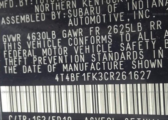 4T4BF1FK3CR261627 2012 TOYOTA CAMRY