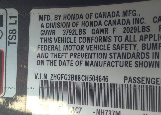 2HGFG3B88CH504646 2012 HONDA CIVIC CPE