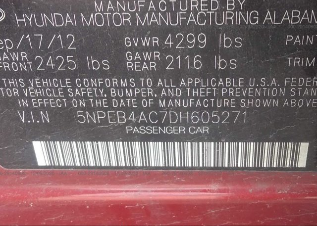 5NPEB4AC7DH605271 2013 HYUNDAI SONATA