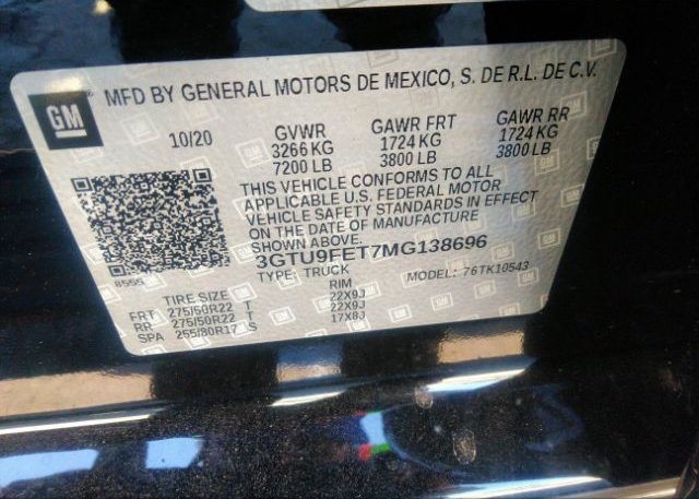 2021 GMC SIERRA 1500(VIN: 3GTU9FET7MG138696