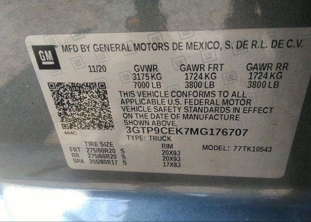 2021 GMC SIERRA 1500(VIN: 3GTP9CEK7MG176707