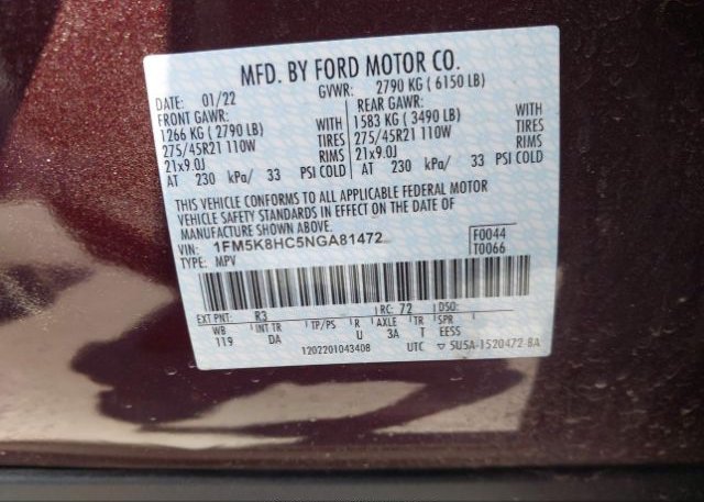 2022 FORD EXPLORER(VIN: 1FM5K8HC5NGA81472