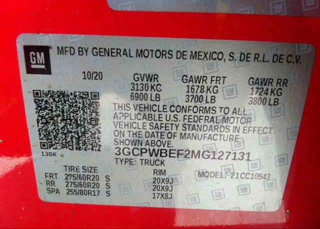 2021 CHEVROLET SILVERADO 1500(VIN: 3GCPWBEF2MG127131