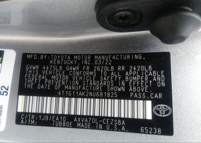 2022 TOYOTA CAMRY(VIN: 4T1G11AK2NU681825