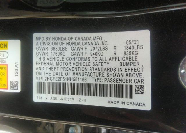 2022 HONDA CIVIC SEDAN(VIN: 2HGFE2F51NH501168