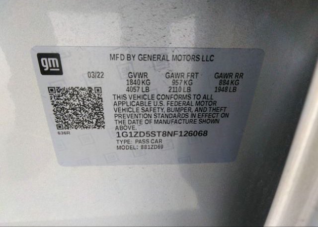 2022 CHEVROLET MALIBU(VIN: 1G1ZD5ST8NF126068
