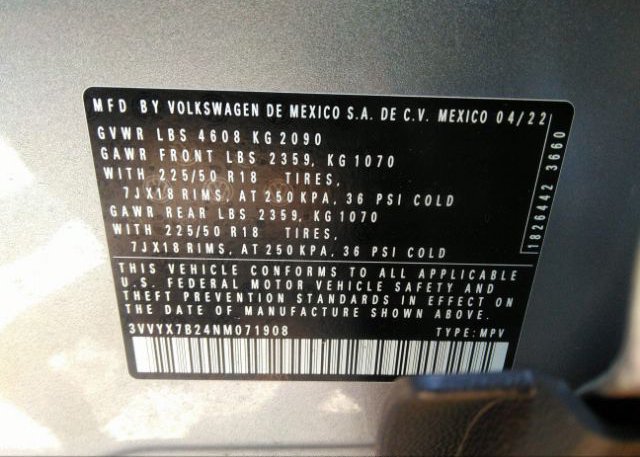 2022 VOLKSWAGEN TAOS(VIN: 3VVYX7B24NM071908