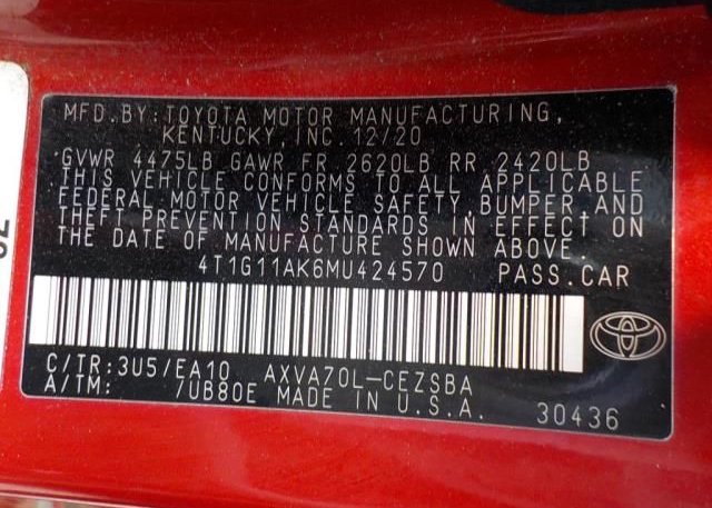 2021 TOYOTA CAMRY(VIN: 4T1G11AK6MU424570
