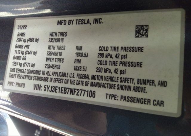 2022 TESLA MODEL 3(VIN: 5YJ3E1EB7NF277106