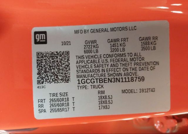 2022 CHEVROLET COLORADO(VIN: 1GCGTBEN3N1118759