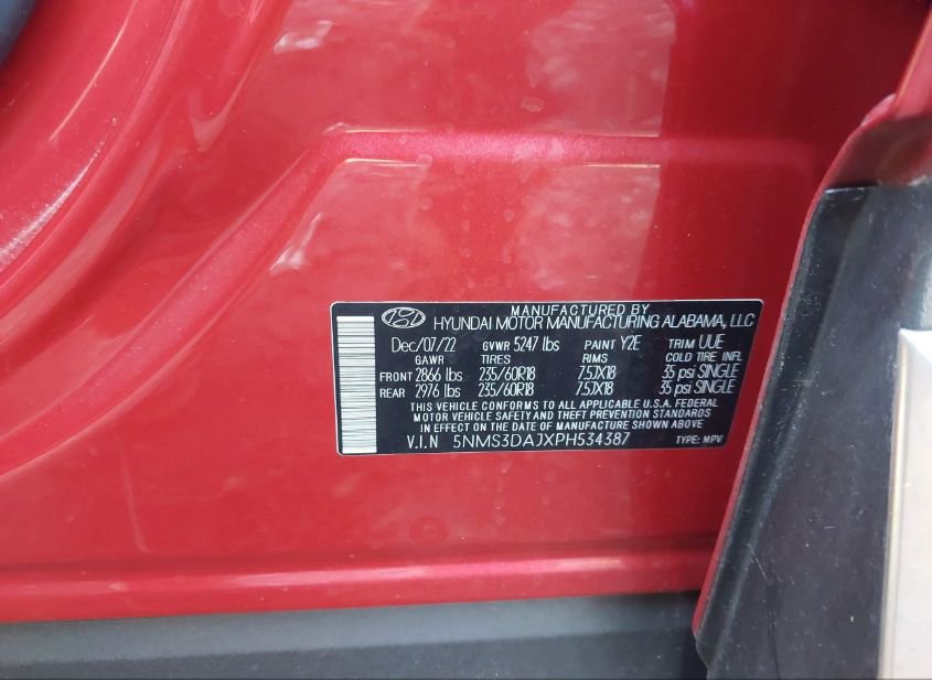 2023 HYUNDAI SANTA FE SEL(VIN: 5NMS3DAJXPH534387