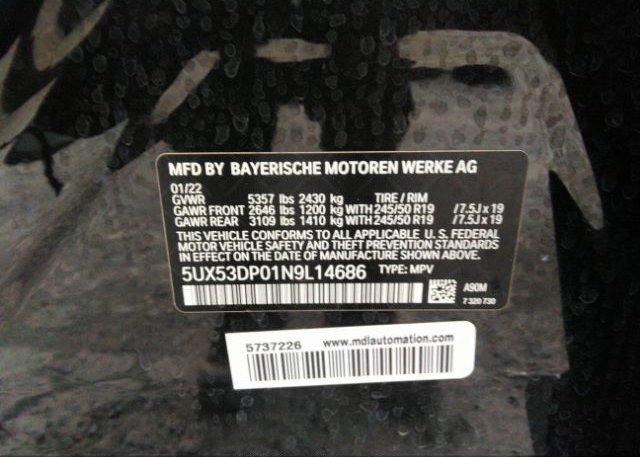 2022 BMW X3(VIN: 5UX53DP01N9L14686