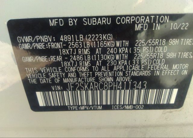 2023 SUBARU FORESTER(VIN: JF2SKARC8PH411343