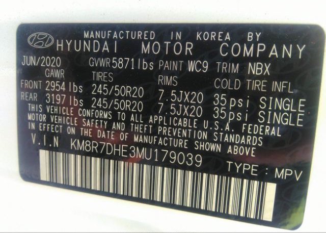 2021 HYUNDAI PALISADE(VIN: KM8R7DHE3MU179039