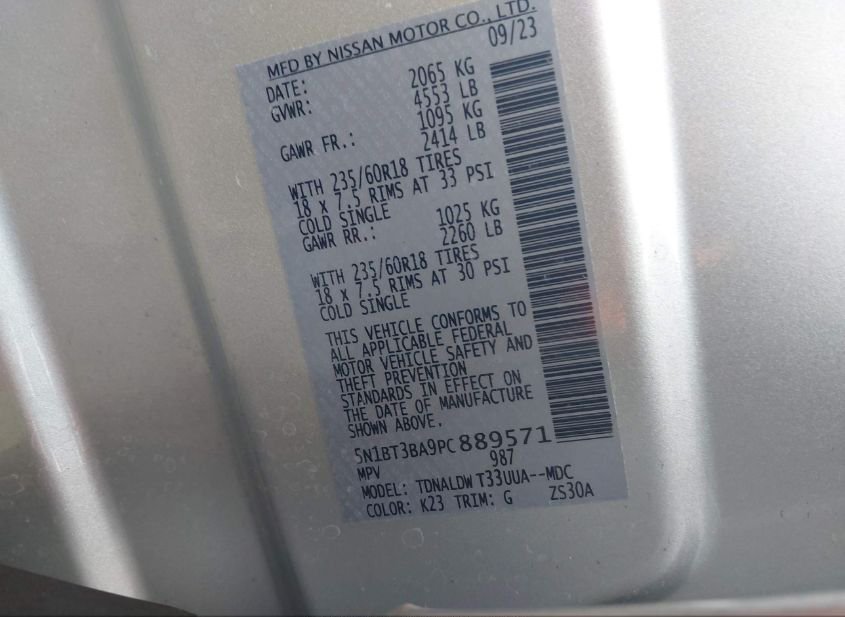 2023 NISSAN ROGUE SV FWD(VIN: 5N1BT3BA9PC889571