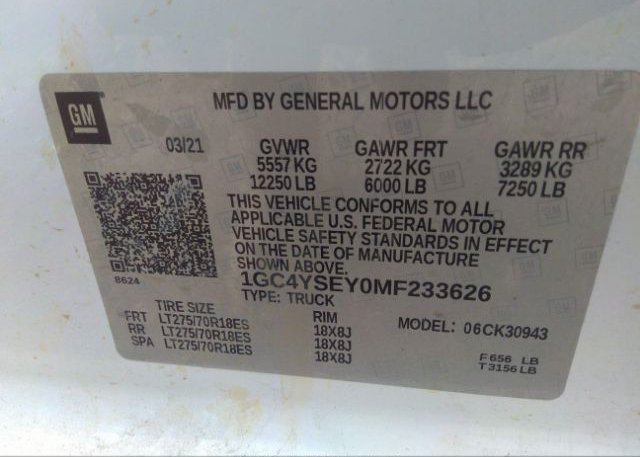 2021 CHEVROLET SILVERADO 3500HD(VIN: 1GC4YSEY0MF233626