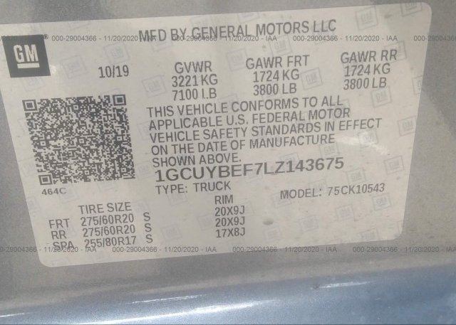 1GCUYBEF7LZ143675 2020 CHEVROLET SILVERADO 1500