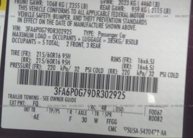 3FA6P0G79DR302925 2013 FORD FUSION