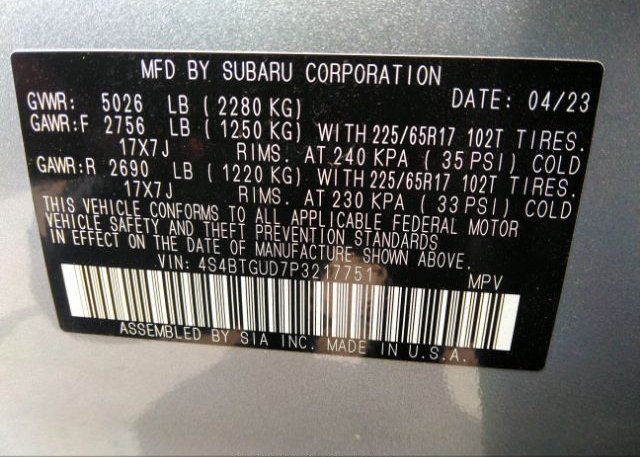 2023 SUBARU OUTBACK(VIN: 4S4BTGUD7P3217751